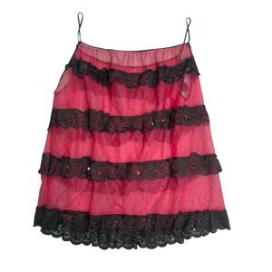 Sheer Pink Ruffle Lace Cami Black Trim Womens M Y2K Fairycore Whimsigoth